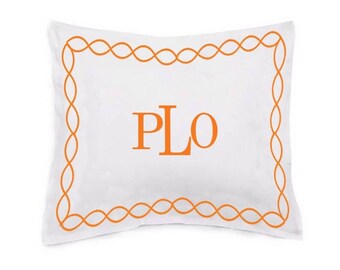 Funda de almohada Monogram de 400 hilos, satén de algodón blanco, pespunte de hotel, con ribete de 2 pulgadas y borde bordado de cadena (juego de 1).