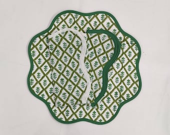 Round scalloped botanical Placemat, Green Tree napkins, Block Print fabric table mat,machine washable rustic kitchen decor dining mat set
