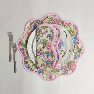 Mat napkins Baby pink Flower Linen Placemats , Block Print fabric table mat easy care, machine washable rustic kitchen housewarming gift
