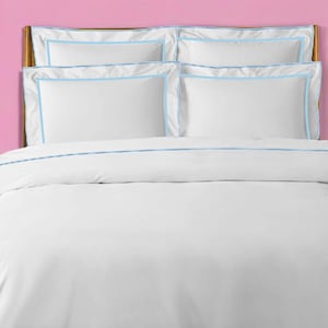 500 Thread Count White Cotton Percale Hotel Stitch Duvet Cover Set in 99 Different Scalloped Piping 1 Duvet Cover and 2 Pillow Sham Cover