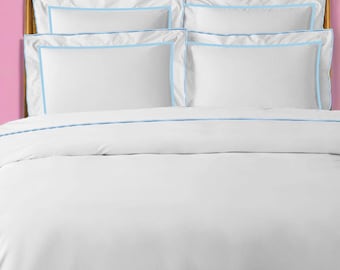 Juego de funda nórdica de percal de algodón blanco de 500 hilos con puntada de hotel y 99 ribetes festoneados diferentes. Incluye 1 funda nórdica y 2 fundas de almohada.