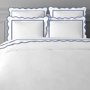 500 Thread Count White Cotton Percale Hotel Stitch Duvet Cover Set in 25 Diff. Scalloped + Straight Piping 1 Duvet Cover 2 Pillow Sham Cover