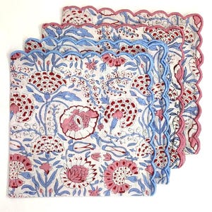 Printed Cotton scalloped Napkins with Trimming embroidered, Set of 4, Scallop edge Napkin,Hand block printed Sustainable Cloth Napkins