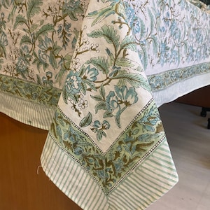 Wedding Decor, Sage Green, Russian Green, Peanut Butter Indian Printed Floral Tablecloth, Table Cover, Housewarming Gift, Table Linen