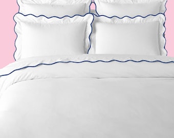 500 Thread Count White Cotton Percale Hotel Stitch Duvet Cover Set in 25 Different Scalloped Piping 1 Duvet Cover and 2 Pillow Sham Cover