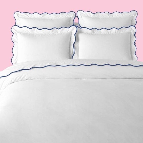 500 Thread Count White Cotton Percale Hotel Stitch Duvet Cover Set in 99 Different Scalloped Piping 1 Duvet Cover and 2 Pillow Sham Cover