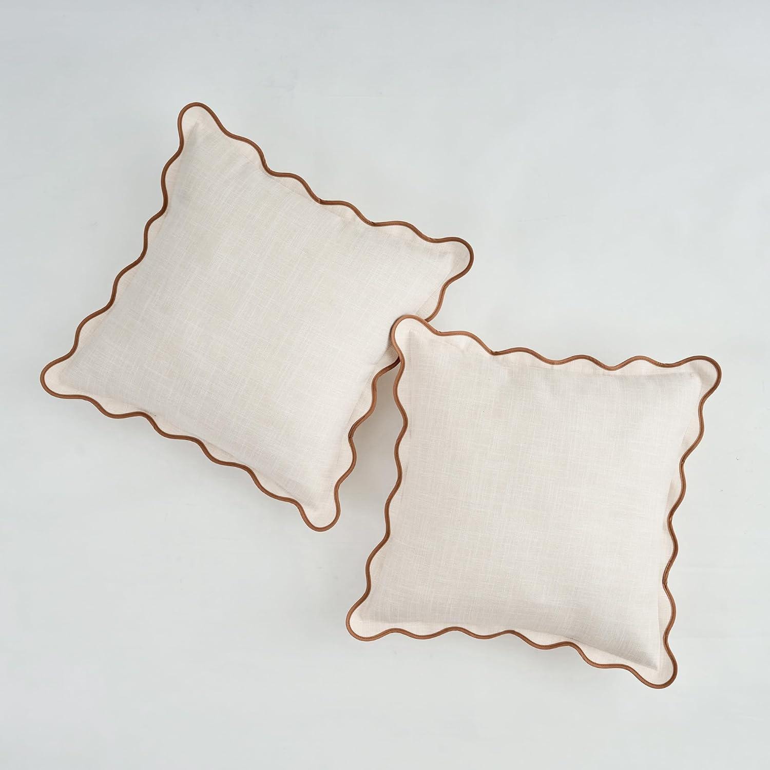Scalloped Throw Pillow Covers Set of 2 for Living Room, Soft Cotton & Cozy Linen, Boho Sytle Decorative Home (Beige | Khaki, 18x18 Inch)