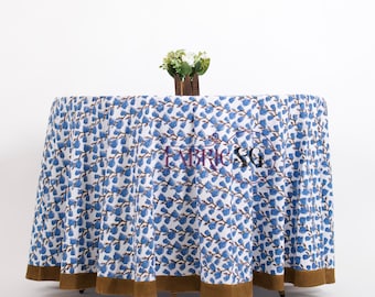 Hand Block Printed Cotton Tablecloth: Turkish Blue Floral Round Table Cover