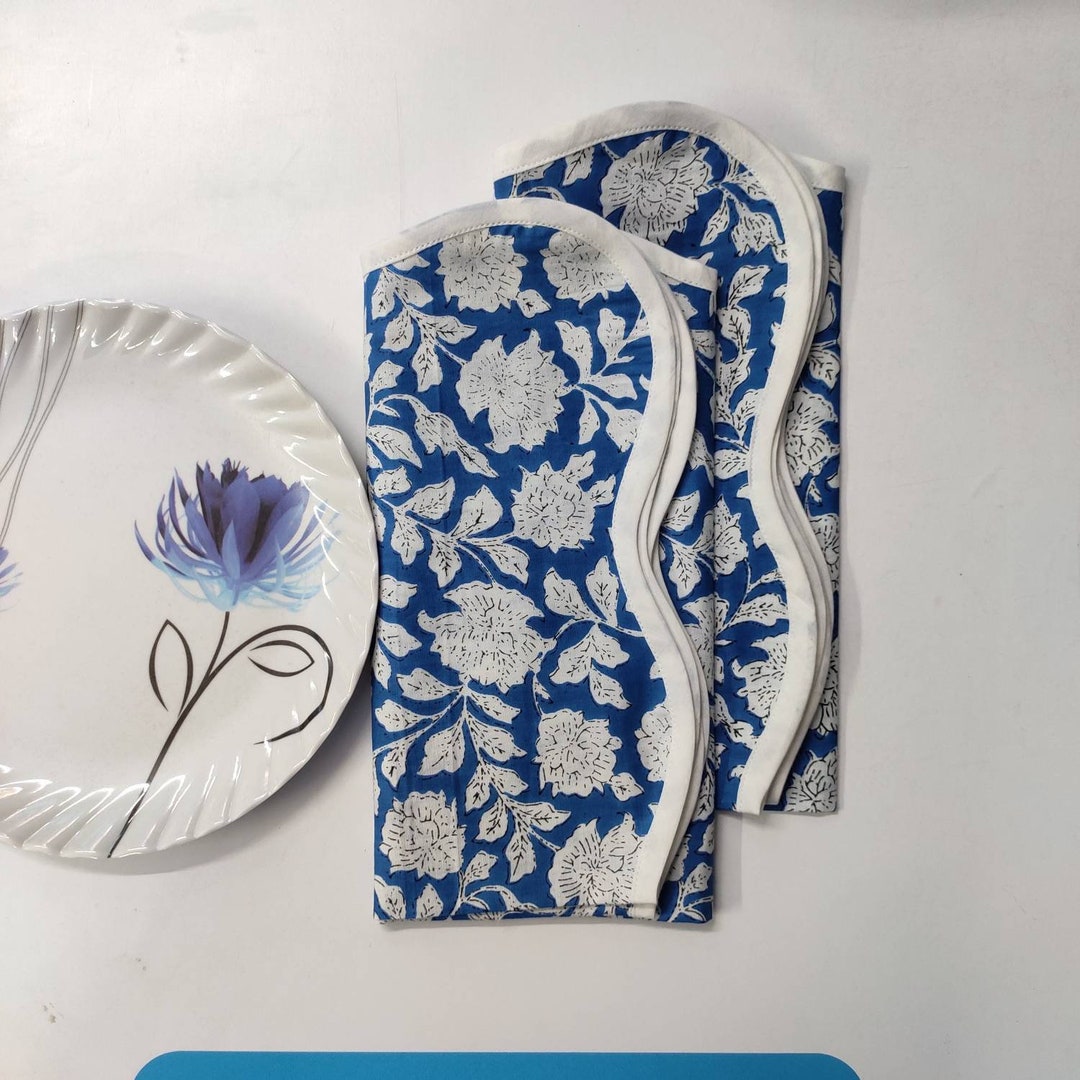Piping Scallop Napkin, Cloth Napkins, Indian Cotton Napkins, Party Napkins, Floral Print Napkins