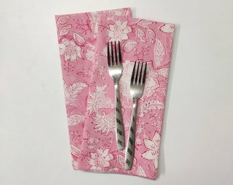 Floral Baby Pink 100% Cotton Fabric Napkins Set, Set of 1,4,6,8 Indian Block Print Napkins ,Kitchen Linen ,Wedding Table Decoration (