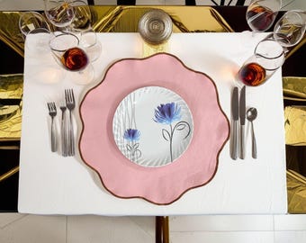 Table Linens Light pink embroidered PlaceMats and Cotton wave scallop cloth cocktail Placemats,fathers day gift, Washable Dining Table Mats
