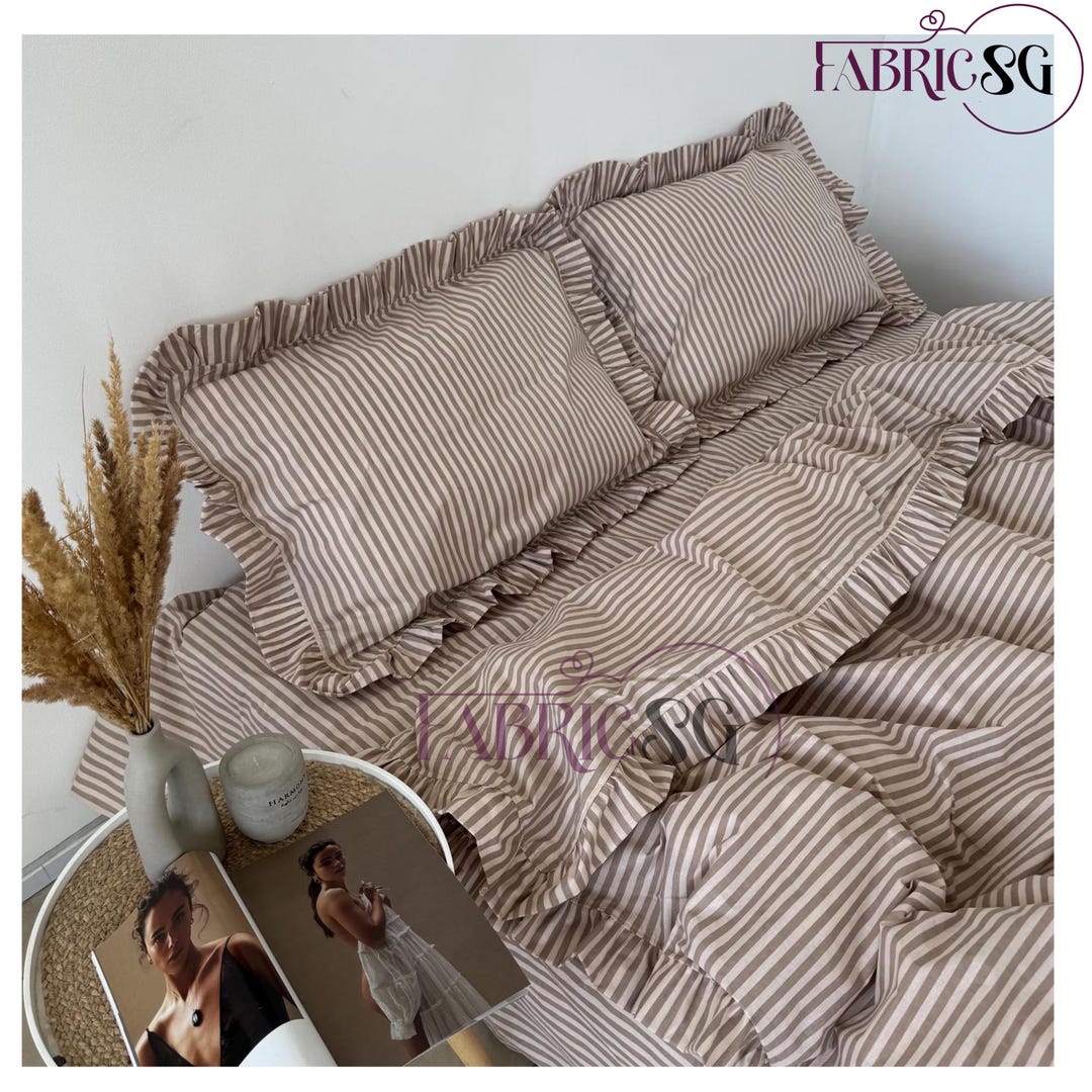 Striped Ruffle Sheets Brown Beige Striped Ruffle Bedding Set: Printed Duvet Cover ...