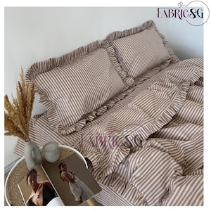 Brown Beige Striped Ruffle Bedding Set: Duvet Cover, Pillowcases, and Flat or Fitted Sheet - Cotton Cottage Core Bed Linen - Custom Size