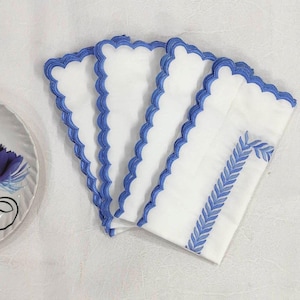 Embroidered White linen cloth scallop napkins set Wedding napkins for table decor 18''x18'' size set of 4 napkins