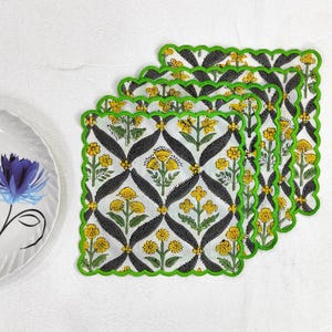 Cocktail Napkins with Trimming lace, Set of 10, Scallop edge Napkin,Hand block printed Sustainable Cloth Napkins