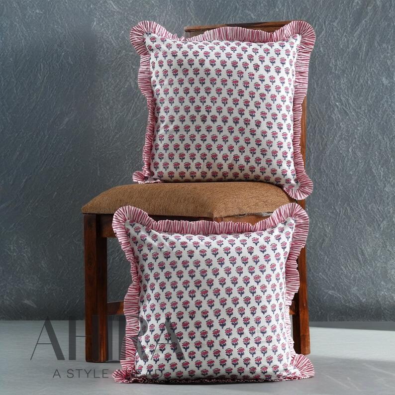 Pink Sapphire Cotton Block Print Ruffle Throw Bed Pillow Covers for ...