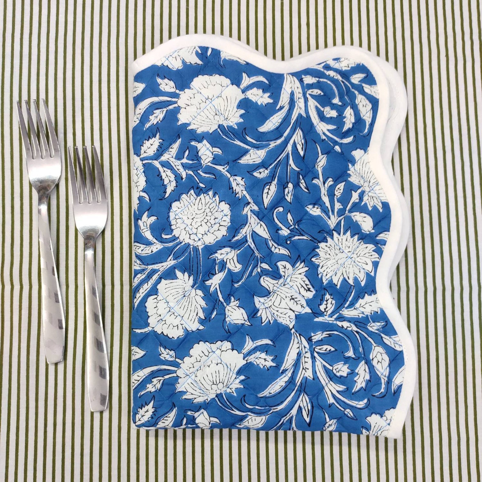 Baby blue linen table mats with scallop edges in white for Etsy