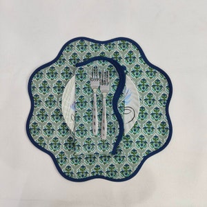 Round scalloped botanical Placemat, Block Print fabric table mat easy care,machine washable rustic kitchen decor dining mat set