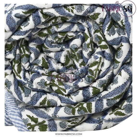 Reversible Light Steel Blue Cotton Quilt – Hand Block Printed Kantha Blanket, Lightweight Boho Throw, Indian Floral Bedding, Farmhouse Decor
