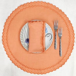 Linen Scallop Cotton Napkins + placemats with Trimming embroidered, Set of 2, Scallop edge Napkin, Linen Sustainable Cloth Napkins