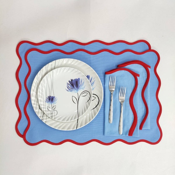 Table mat Scallop Placemats and Napkins light blue ,Table Linens Piping Napkins fathers day gift