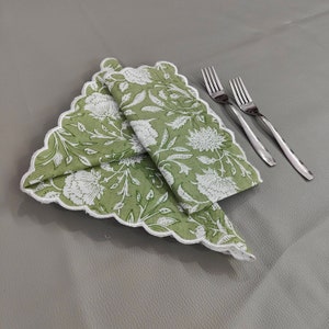 Sage green, White, Cotton Napkins, Embroidered Napkin, India Hand block print, Scalloped, 6&quot;X9&quot;- Cocktail Napkins, 20&quot;X20&quot;- Dinner Napkins