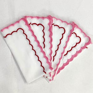 White linen cloth double scallop napkins set Wedding napkins for table decor 20&#39;&#39;x20&#39;&#39; size set of 4 embroidered napkins