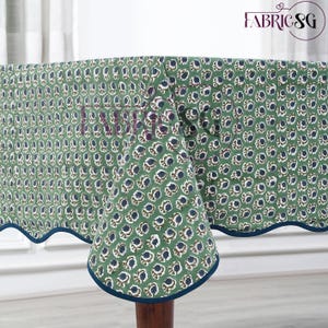 Dark Green Indian Floral Hand-Block Printed Cotton Tablecloth with Scallop Piping, Table Top, French Table Cover for Wedding, Home Decor