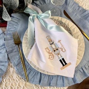 Nutcracker Embroidered Linen Napkins - Set of 6 - Customizable Monogrammed Table Linens in Pink or Blue - Сhristmas Napkins