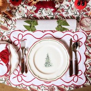 Classic Placemats Red Embroidered Edges for table decor , Bow table linen, White Napkins