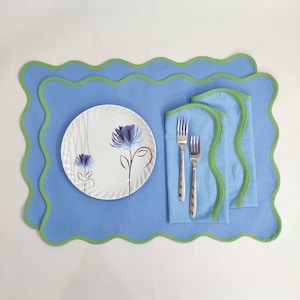 Table mat Scallop Placemats and Napkins light blue ,Table Linens Piping Napkins fathers day gift