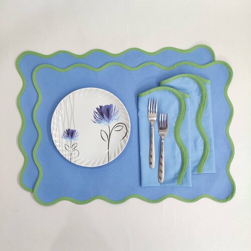 Table mat Scallop Placemats and Napkins light blue ,Table Linens Piping Napkins fathers day gift