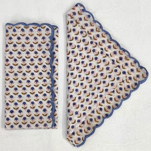 Denim Blue, White, Cotton Napkins, Embroidered Napkin, India Hand block print, Scalloped, 9"X9"- Cocktail Napkins, 20"X20"- Dinner Napkins