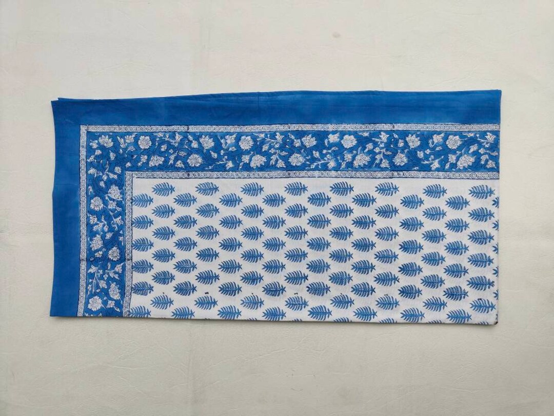 Blue and White Hand Block Print Tablecloth Table Cover India Cotton Table Linen, Custom