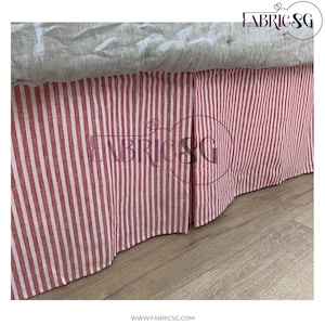 Red White Striped Linen Bed Skirt – Tailored Pleats, Farmhouse Bedding, Rustic Cottagecore Bedroom Decor, Custom Sizes Available