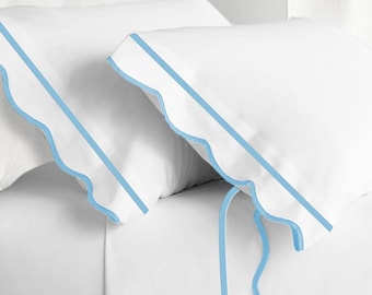 500 Thread Count White Cotton Percale Scalloped Piping & Border Hotel Stitch Sheet Set