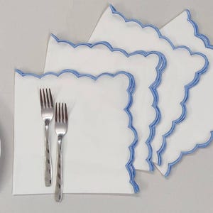 White linen cloth scallop napkins set Wedding napkins for table decor, housewarming gift  18''x18'' size set of 4 embroidered napkins