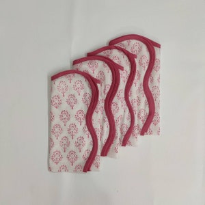 Piping Wave scallop napkin Designer Cotton Napkins, Set of 4, Colourful  Pink Tree on White Fabric, Print by Hand Block,Cloth Napkins gift