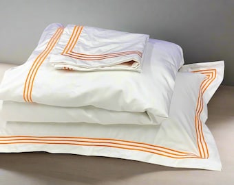 Juego de funda nórdica de satén de algodón blanco de 500 hilos con triple borde bordado y puntada de hotel