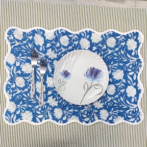 Baby blue linen table mats with scallop edges in white for table decor 14&#39;&#39;x20&#39;&#39; size