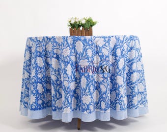 Hand Block Printed Cotton Tablecloth: Turkish Blue Floral Round Table Cover