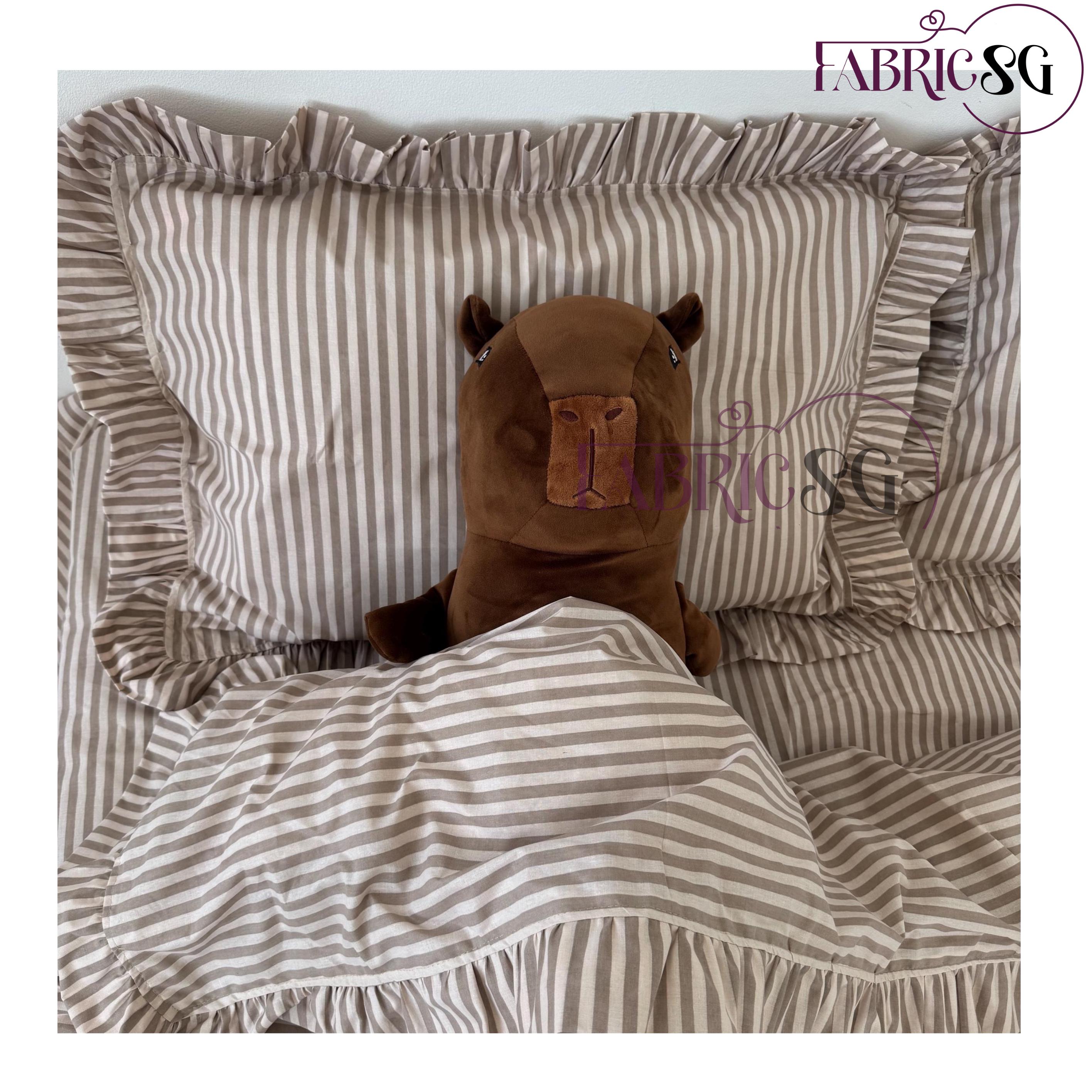 Striped Ruffle Sheets Brown Beige Striped Ruffle Bedding Set: Printed Duvet Cover ...