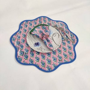 Round scalloped Baby Pink Flower Placemat, Block Print fabric table mat easy care, machine washable rustic kitchen decor dining mat set of 2