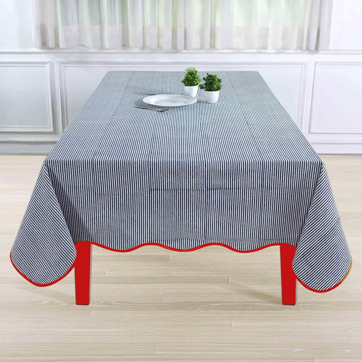 Blue Stripes With Red Piping Table Cloth, Scallop Table Cover, Indian Hand Block Printed Cotton Tablecloth for Farmhouse Wedding Home Decor - Etsy