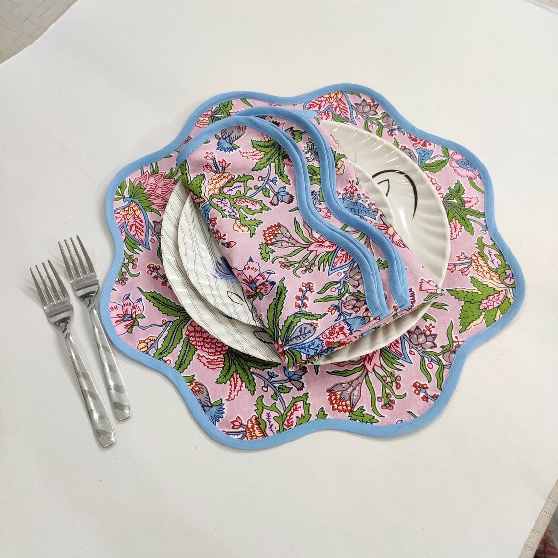 Mat napkins Baby pink Flower Linen Placemats Block Print Etsy