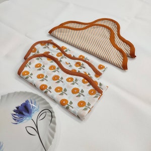 Block printed cloth striped napkins, scalloped cocktail napkin dinner napkin - kitchen mix and match napkin hand made table napkins,set of 4