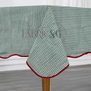 Green Stripes with Red Scallop Piping Tablecloth, Indian Hand-Block Printed Cotton Table Cover, French Tablecloth for Weddings, Home Decor