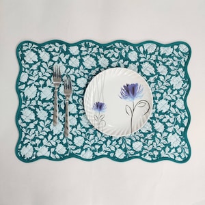 Teal blue floral 4 Napkins and 4 Cotton Table quilted wave piped Placemats , Indian Vintage Handmade Floral Hand Block Printed Set