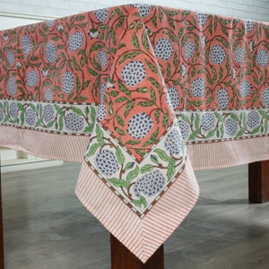 Wedding Tablecloth, Salmon Pink, Sage Green, Delft Blue Indian Hand Block Printed Tablecloth, Table Cover, Linen Set, Farmhouse Décor