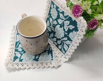 Block printed Coaster Set, custom Coasters with Lace, Gift, Cats, Dining, Crocheted Coasters, Coffee, Tea, Kitchen, Home Decor